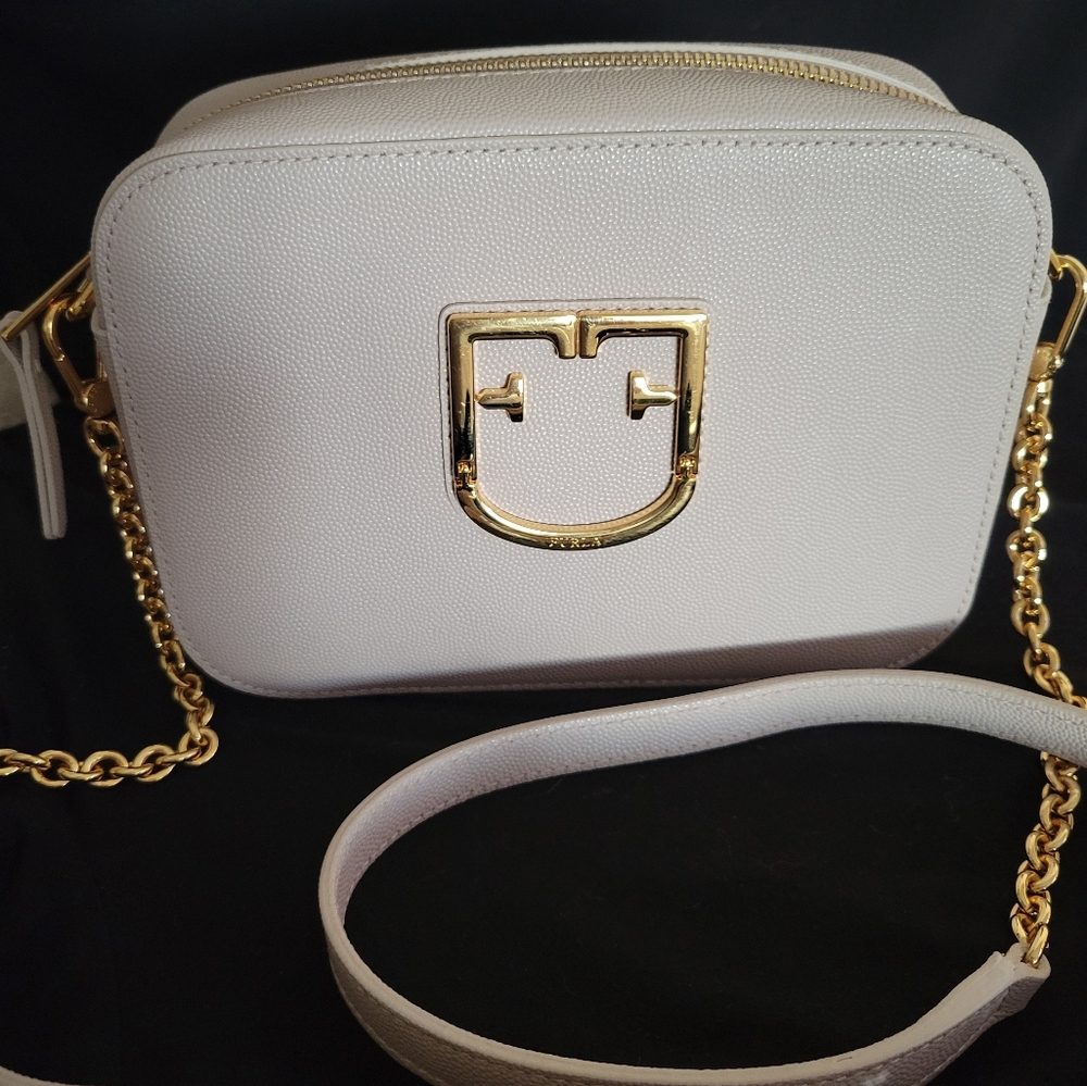 Furla crossbody camera bag. Beige color with gold hardware. NWOT.